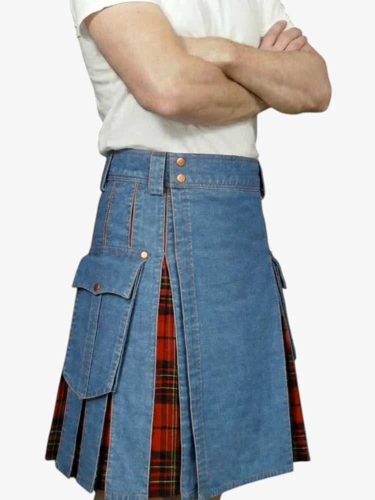 Jupe Écossaise en Denim Bleu Cargo