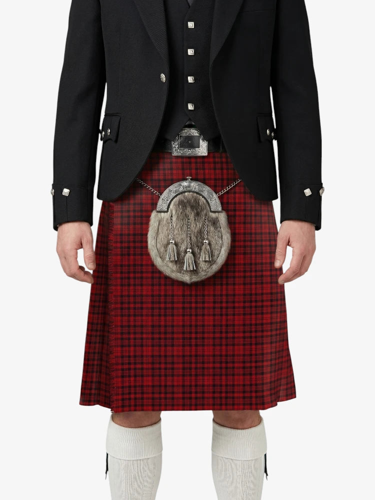 Person wearing a black jacket, red plaid kilt, and white socks on a white background