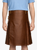 Brown leather skirt with gold buttons worn by a person on a white background