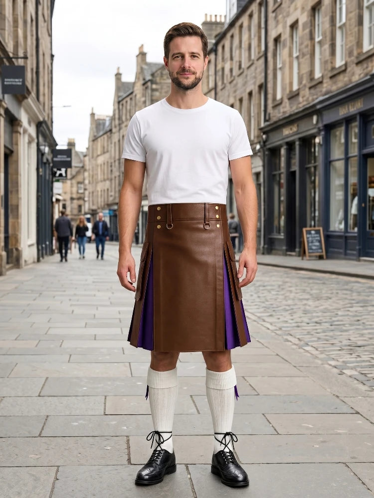 Brown Leather Kilt With Purple Pleats Front Side