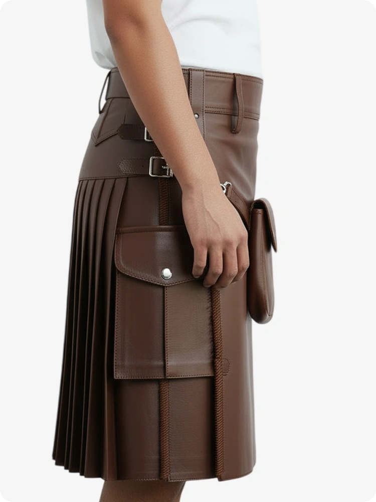 Kilt en cuir plissé marron avec passants de ceinture et sangles latérales