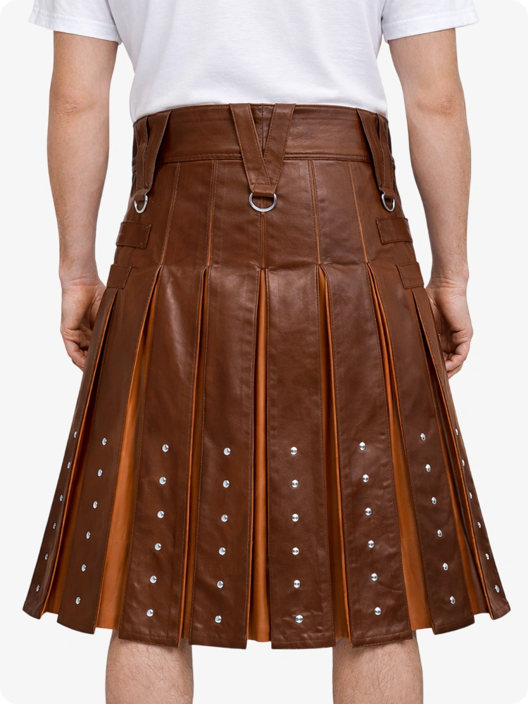 Brown pleated skirt with silver buttons on a white background