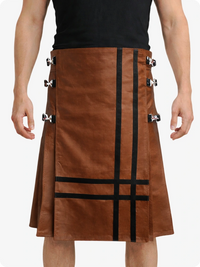 Brown leather kilt with black stripes and metal fastenings on a white background