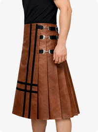 Brown leather skirt with black straps and buckles on a white background