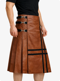 Brown leather skirt with black accents worn by a person on a white background