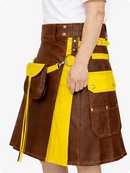 Brown Leather Utility Kilt with Yellow Accents & Detachable Pockets