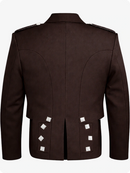 Brown military-style jacket with silver buttons on a white background
