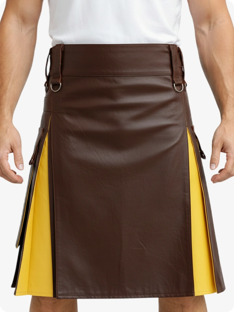Kilt en cuir marron et jaune avec poches cargo