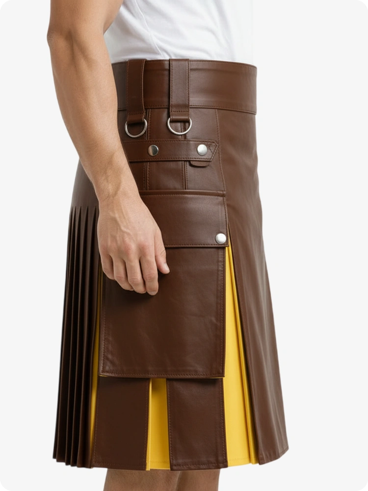 Kilt en cuir marron et jaune avec poches cargo