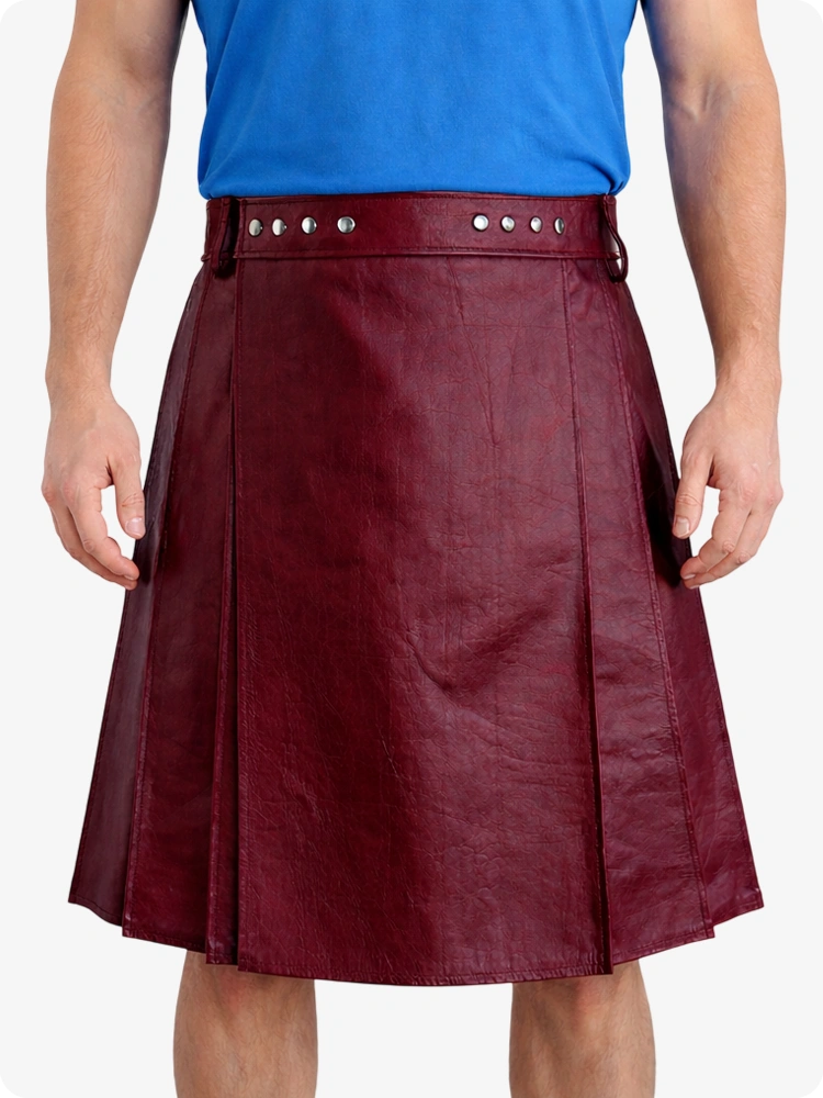 Burgundy Genuine Leather Utility Kilt with Studded Waistband