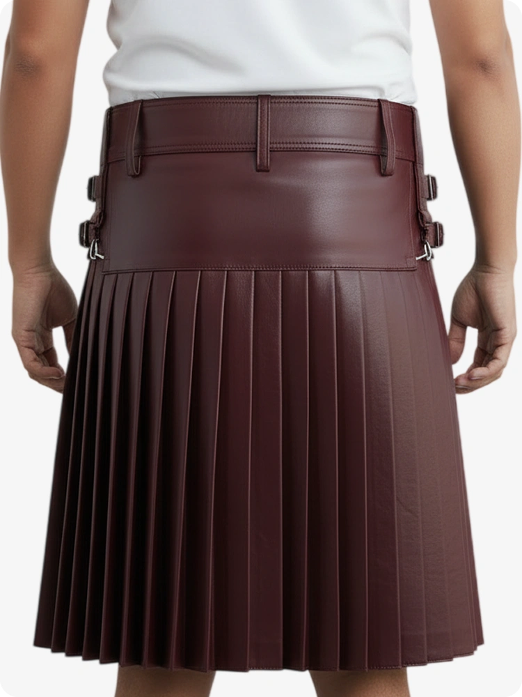 Burgundy leather skirt with a pocket on a white background