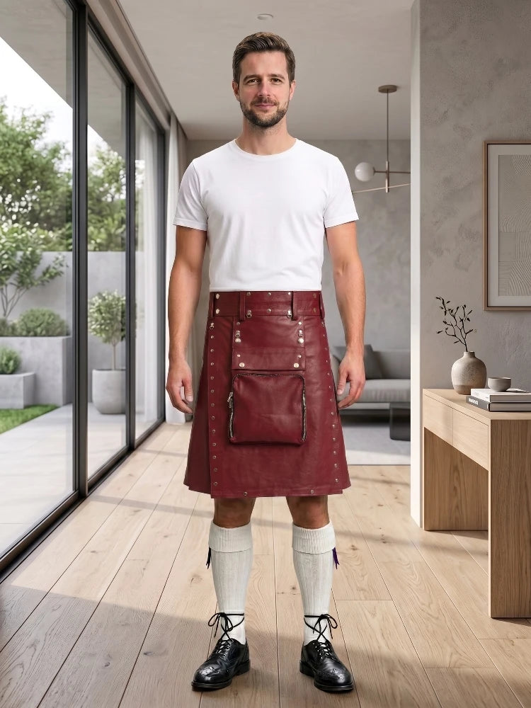 Burgundy Leather Utility Kilt Front Side