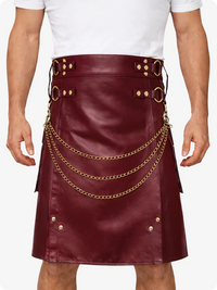 Burgundy Leather Utility Kilt with Chain Detailing & Adjustable Straps