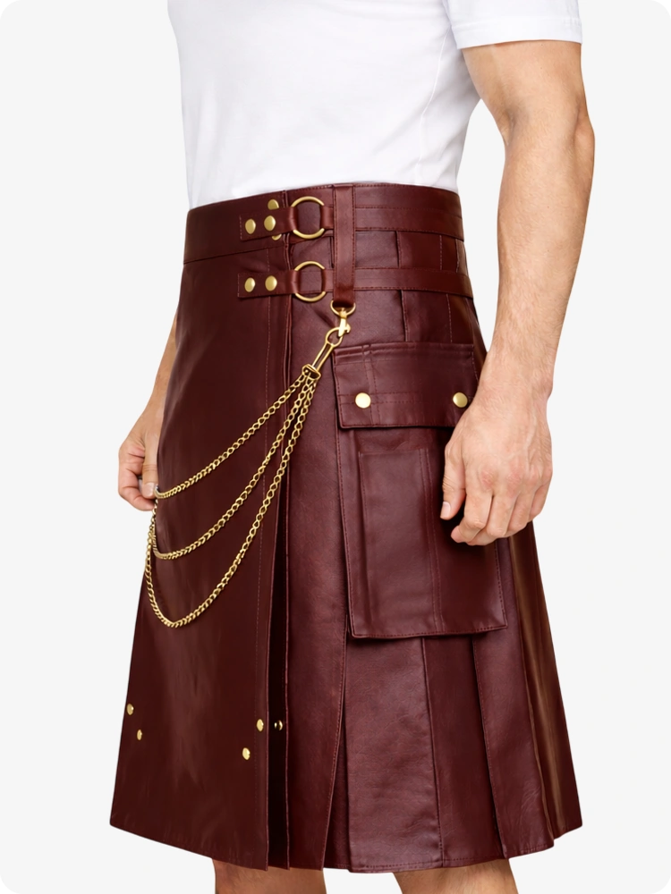 Burgundy leather kilt with gold chain and decorative buttons on a white background