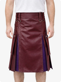 Burgundy leather kilt worn by a person on a white background