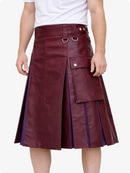 Burgundy leather skirt with white shirt on a white background