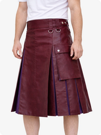 Burgundy leather skirt with white shirt on a white background