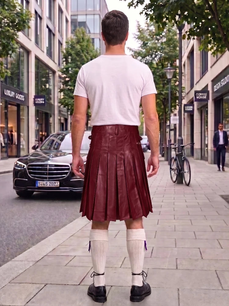 A man standing on a city sidewalk, viewed from behind, wearing a white t-shirt and a dark red leather kilt with white knee-high socks and black shoes.