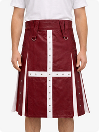 Burgundy leather skirt with white accents worn by a person on a white background