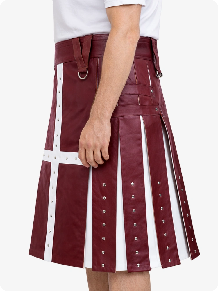 Burgundy leather kilt with white accents on a plain background