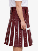 Burgundy leather kilt with white accents on a plain background