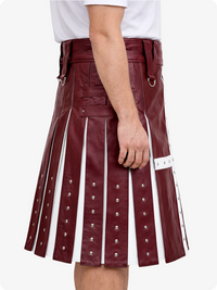 Burgundy leather kilt with white accents on a plain background