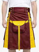 Burgundy Leather Utility Kilt with Yellow Accents & Detachable Pockets