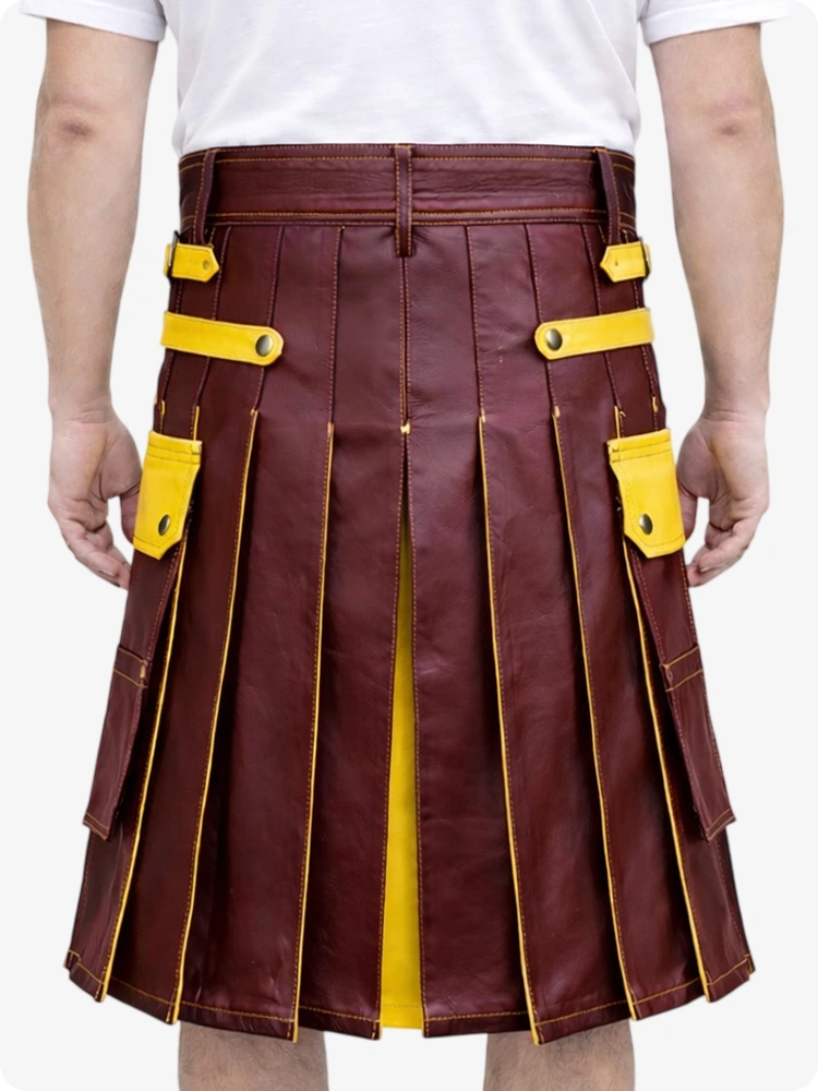 Burgundy Leather Utility Kilt with Yellow Accents & Detachable Pockets