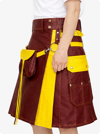Burgundy Leather Utility Kilt with Yellow Accents & Detachable Pockets