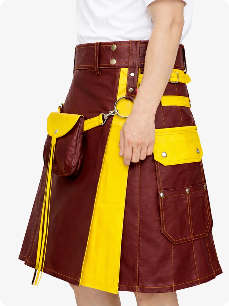Burgundy Leather Utility Kilt with Yellow Accents & Detachable Pockets
