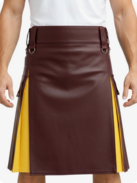 Brown leather kilt with yellow accents worn by a person on a white background