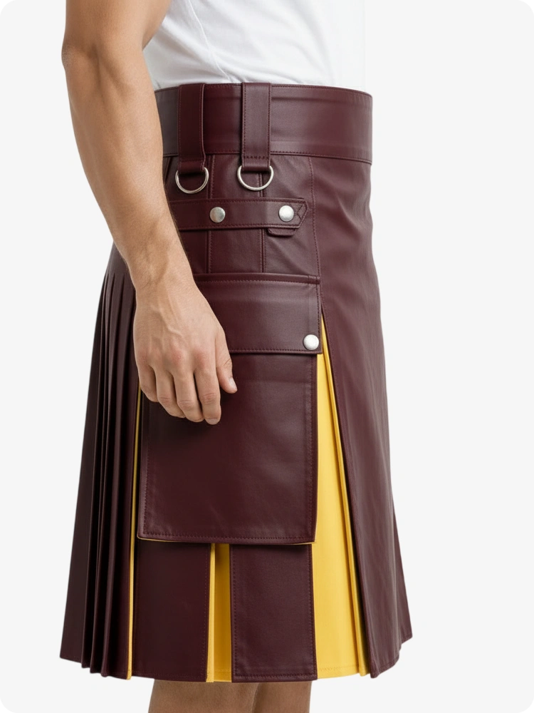 Kilt en cuir bordeaux et jaune avec poches cargo