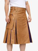 Camel leather skirt with purple accents worn by a person on a white background
