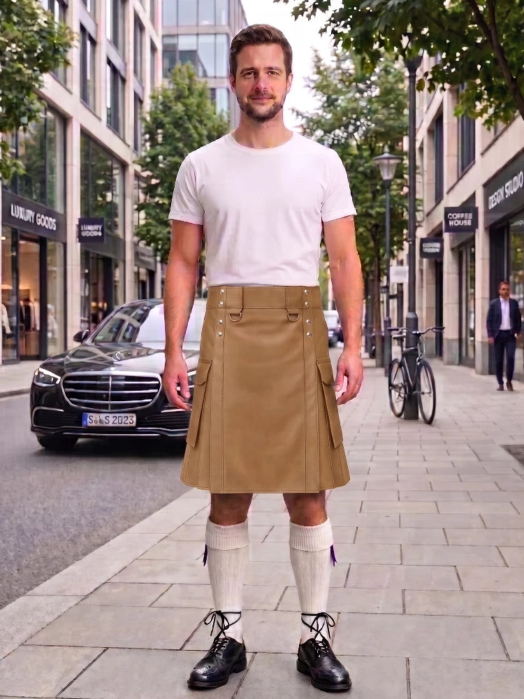 A man stands on a city sidewalk wearing a white crew-neck t-shirt and a tan pleated kilt with white knee-high socks and black leather shoes. The background shows a street scene with a Mercedes-Benz car, storefronts, and trees.