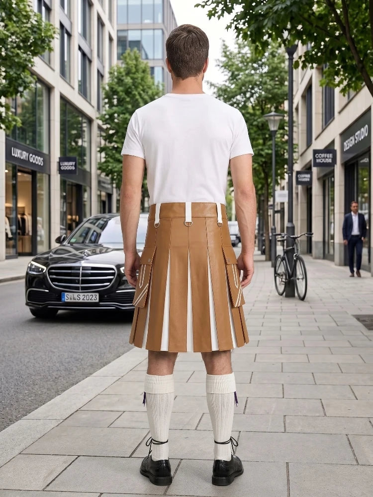 Camel And White Leather Hybrid Utility Kilt Back Side
