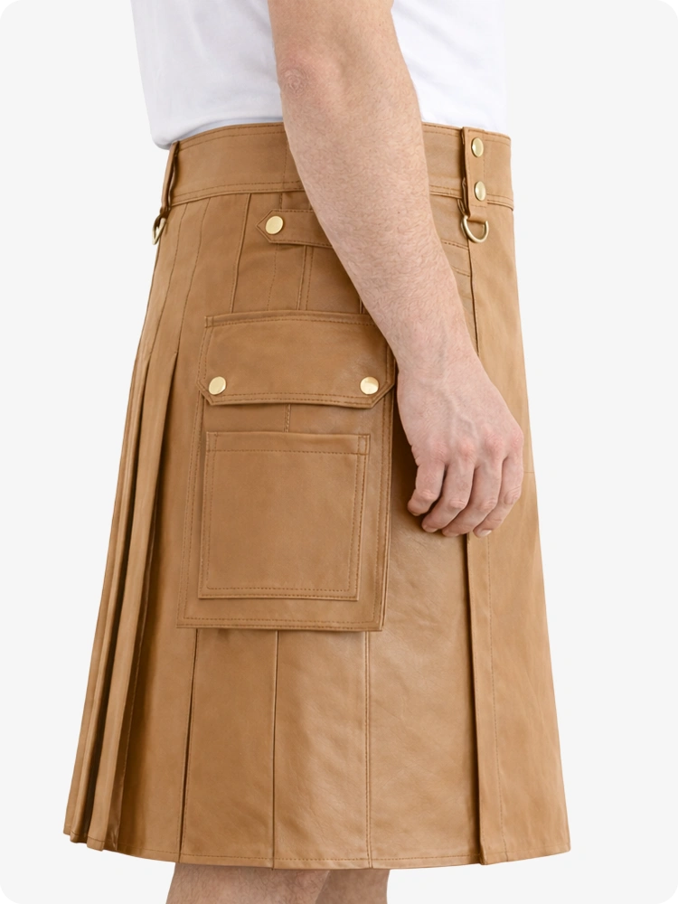 Camel Genuine Leather Utility Kilt with Cargo Pockets & D-Rings