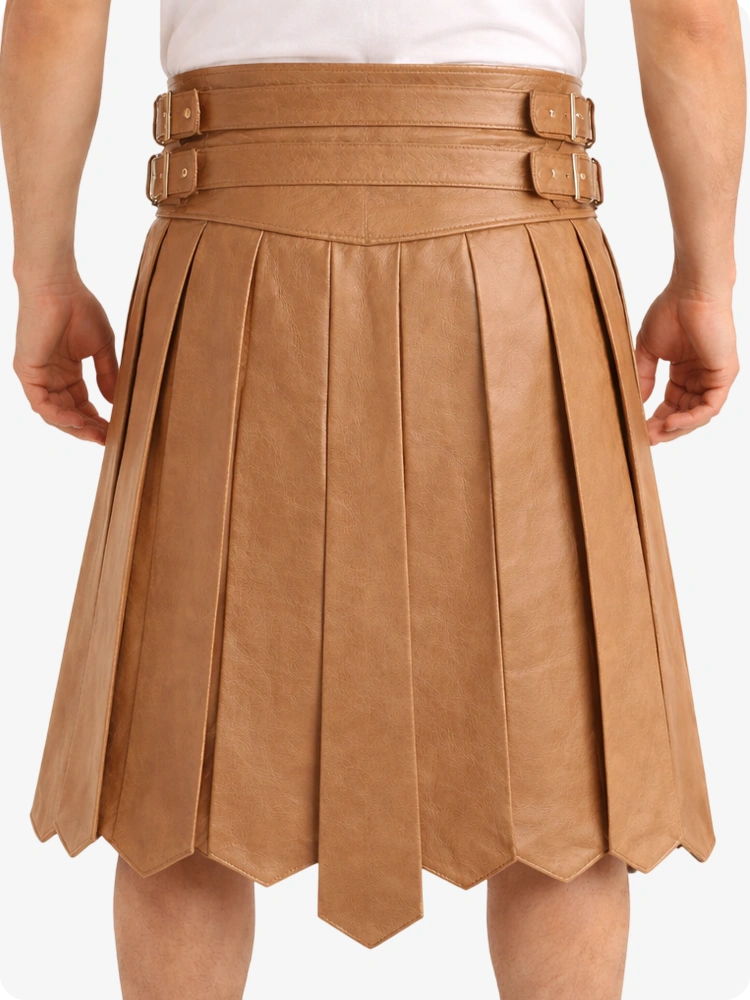 Camel pleated skirt with belt and buttons on a white background