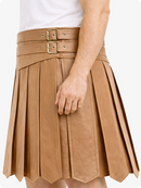 Camel pleated skirt with belt on a white background