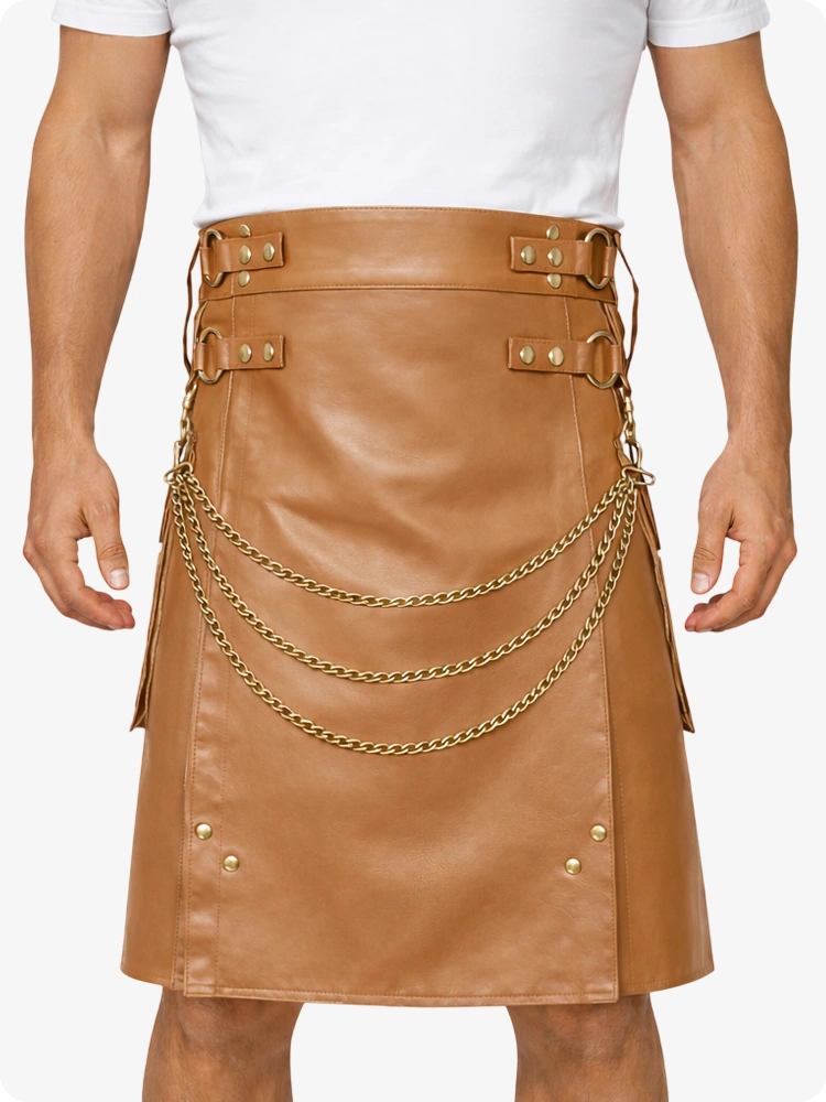 Camel Leather Utility Kilt with Chain Detailing & Adjustable Straps