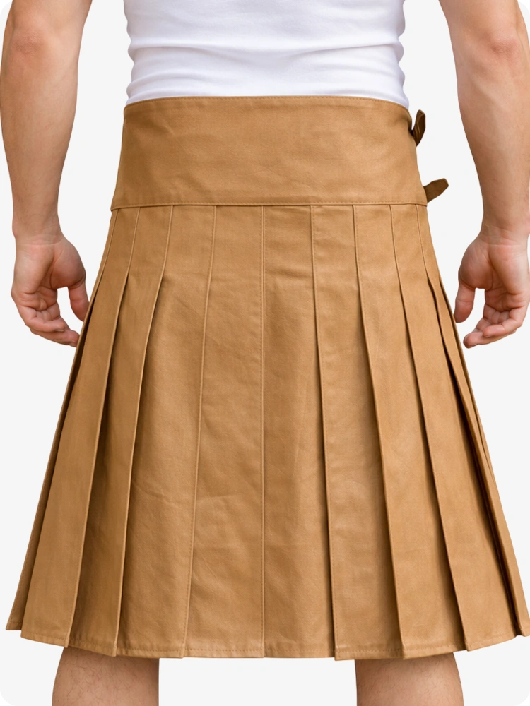 Camel Leather Utility Kilt with Front Pocket & Adjustable Buckle Straps