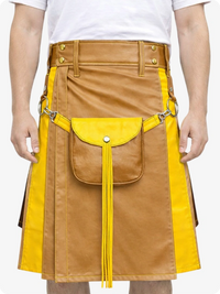 Camel and yellow leather kilt with a pocket and fringes on a white background