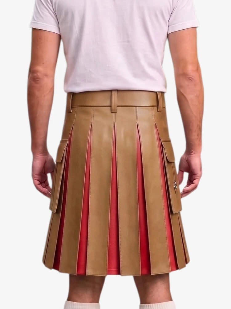A person shown from the back wearing a tan pleated leather kilt with red inner lining and side flap pockets, paired with a light pink T-shirt against a plain light background.