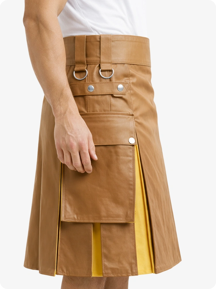 Kilt en cuir camel et jaune avec poches cargo