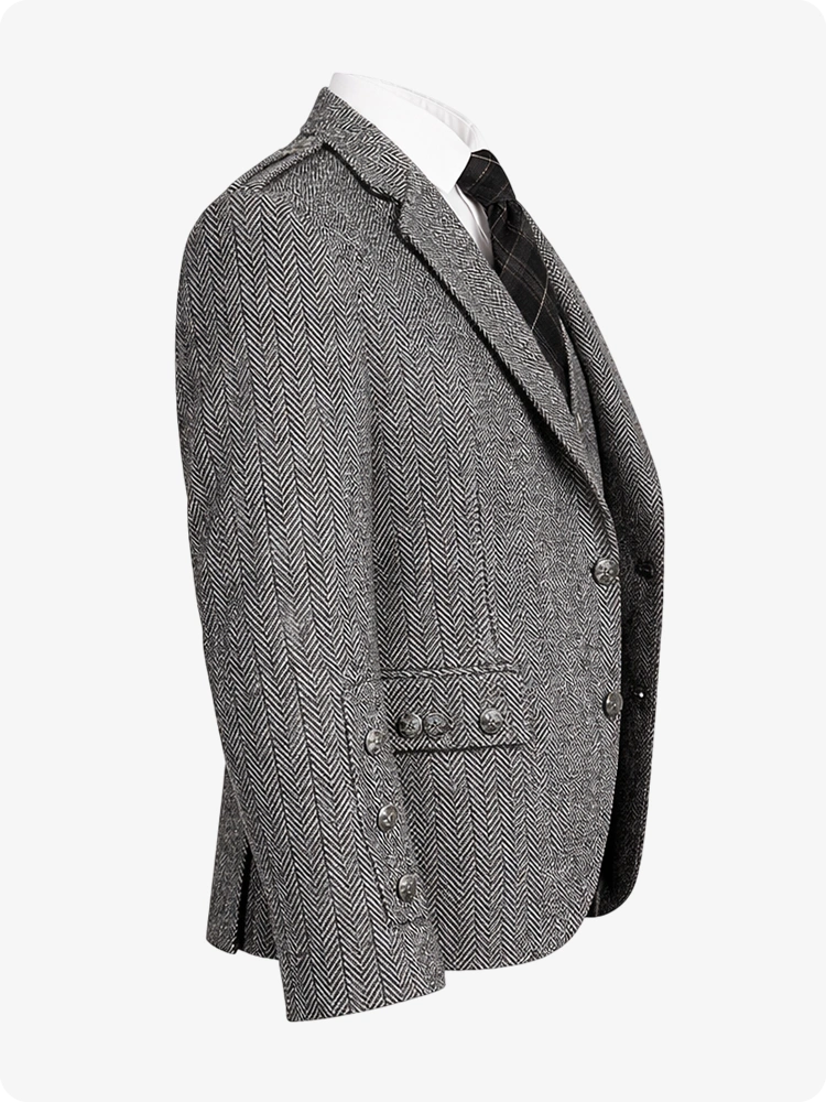 Casual Light Grey Tweed Argyle Kilt Jacket With Vest