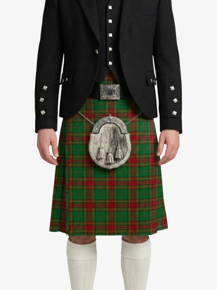 Person wearing a black jacket and red plaid kilt with a silver sporran on a white background
