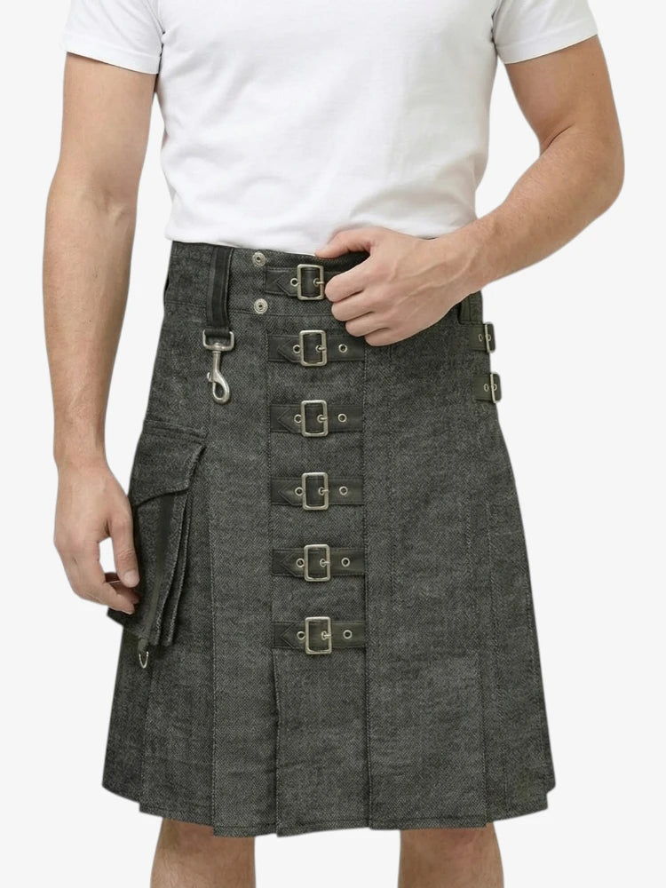 Jupe Écossaise en Denim Charbon avec Boucle Réglable
