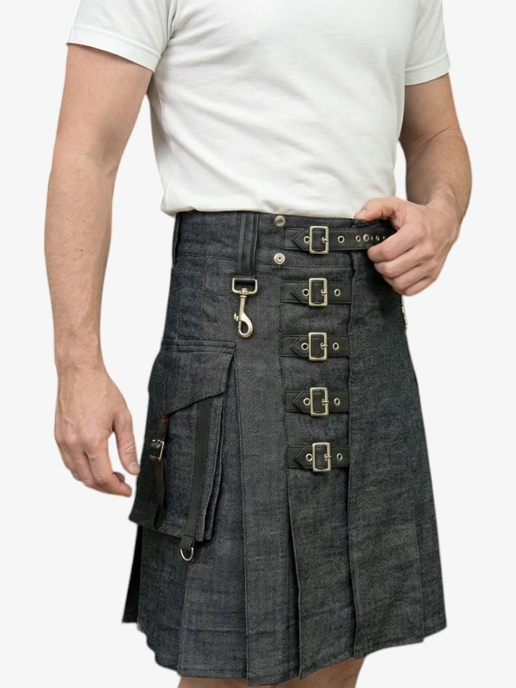 Jupe Écossaise en Denim Charbon avec Boucle Réglable