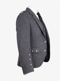 Charcoal blazer with button details on a white background