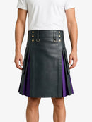 Charcoal Leather Kilt With Purple Pleats