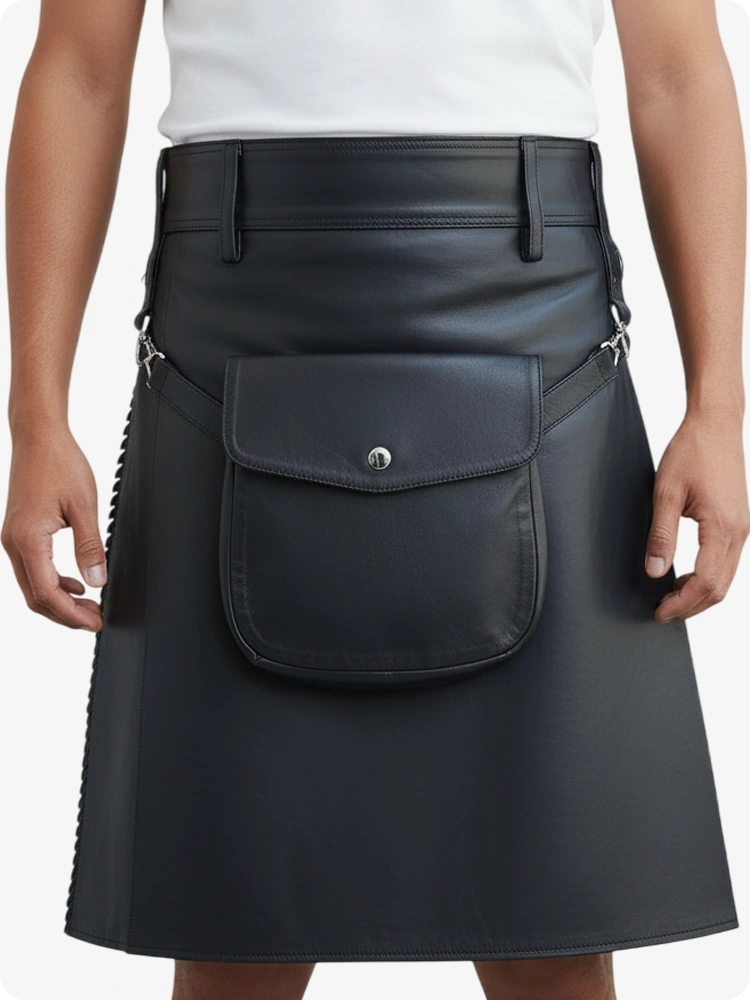 Kilt en cuir plissé anthracite avec passants de ceinture et sangles latérales